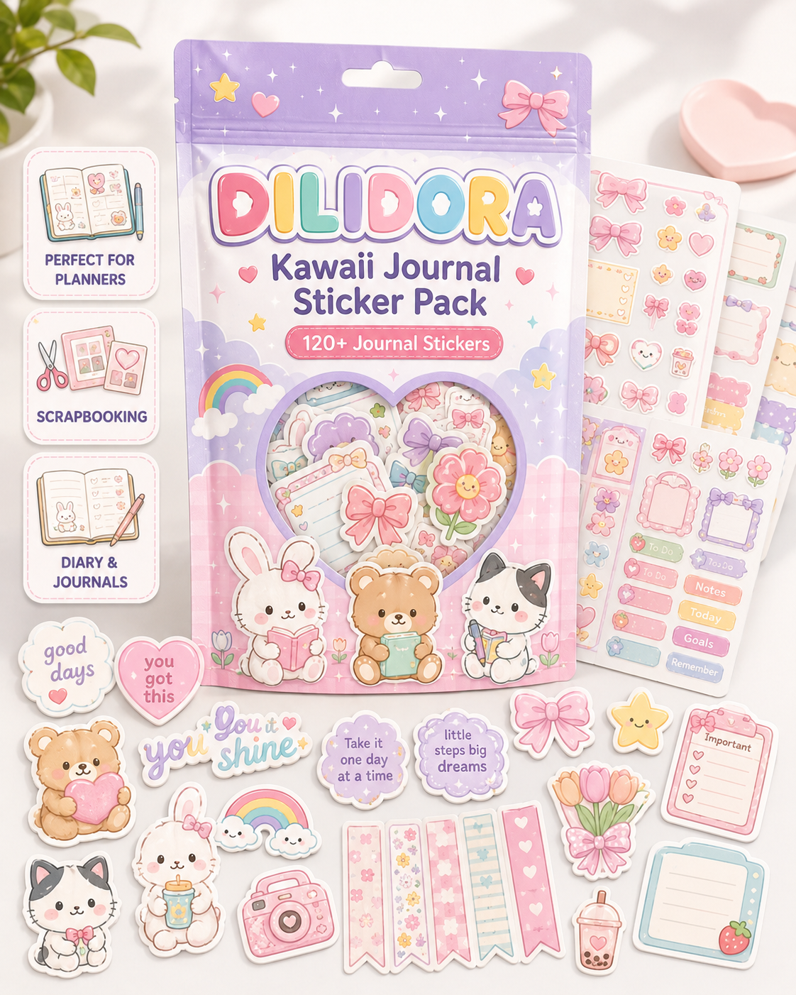 DILIDORA Cute Vinyl Sticker Set, Waterproof Stickers for Water Bottles, Laptop, Skateboard & Journals